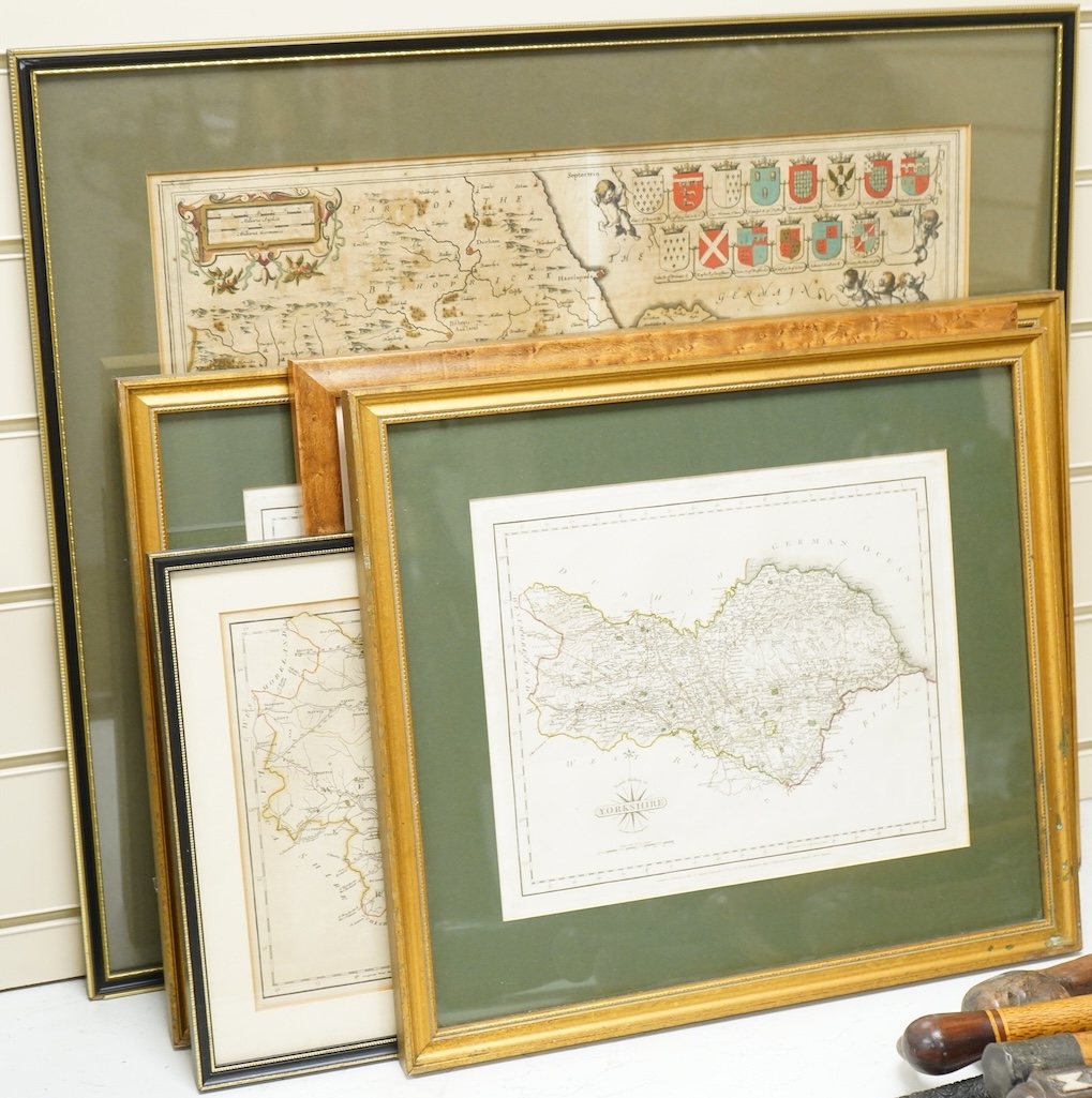 A collection of engraved maps including an example after Jan Jansson, and five late 18th century examples after J Cary, Yorkshire, published 1787 and 1793, framed, largest 38 x 50cm